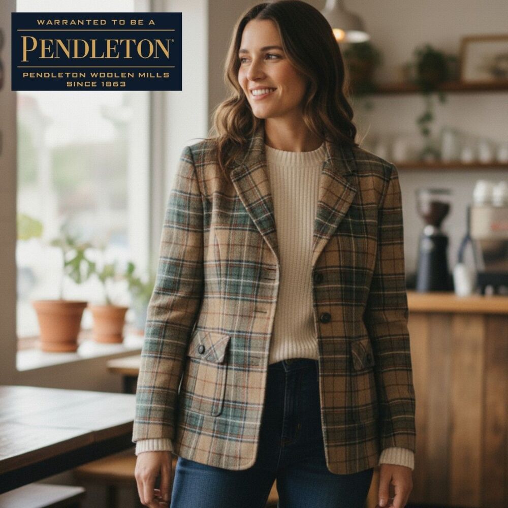 Pendleton Virgin Wool Tan Green Plaid Blazer Jacket Preppy Academia | 6 Petite